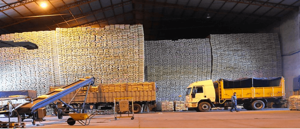 Warehouse staging — sealed bags on pallets